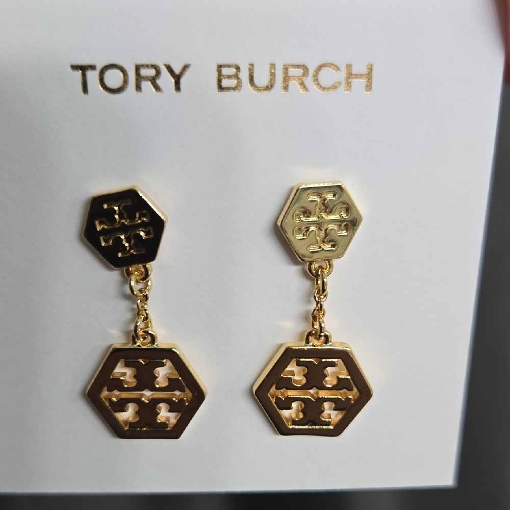Tory Burch Gold Hexagon Drop Earrings NWOT - Picture 5 of 5